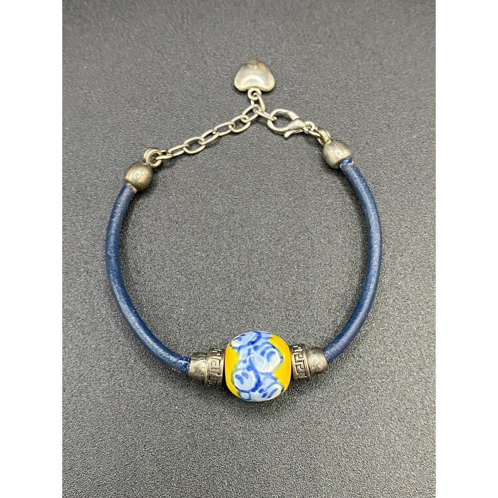 Yellow Blue White Porcelain Bead and Silver Tone Blue Leather Handmade Bracelet